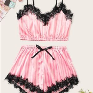 Striped Eyelash Lace Satin Cami With Shorts